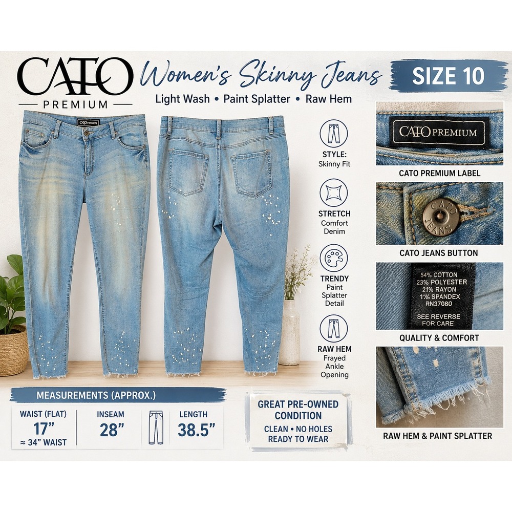 Cato Premium Womens Skinny Jeans Size 10 Light Wash Paint Splatter Raw Hem Denim